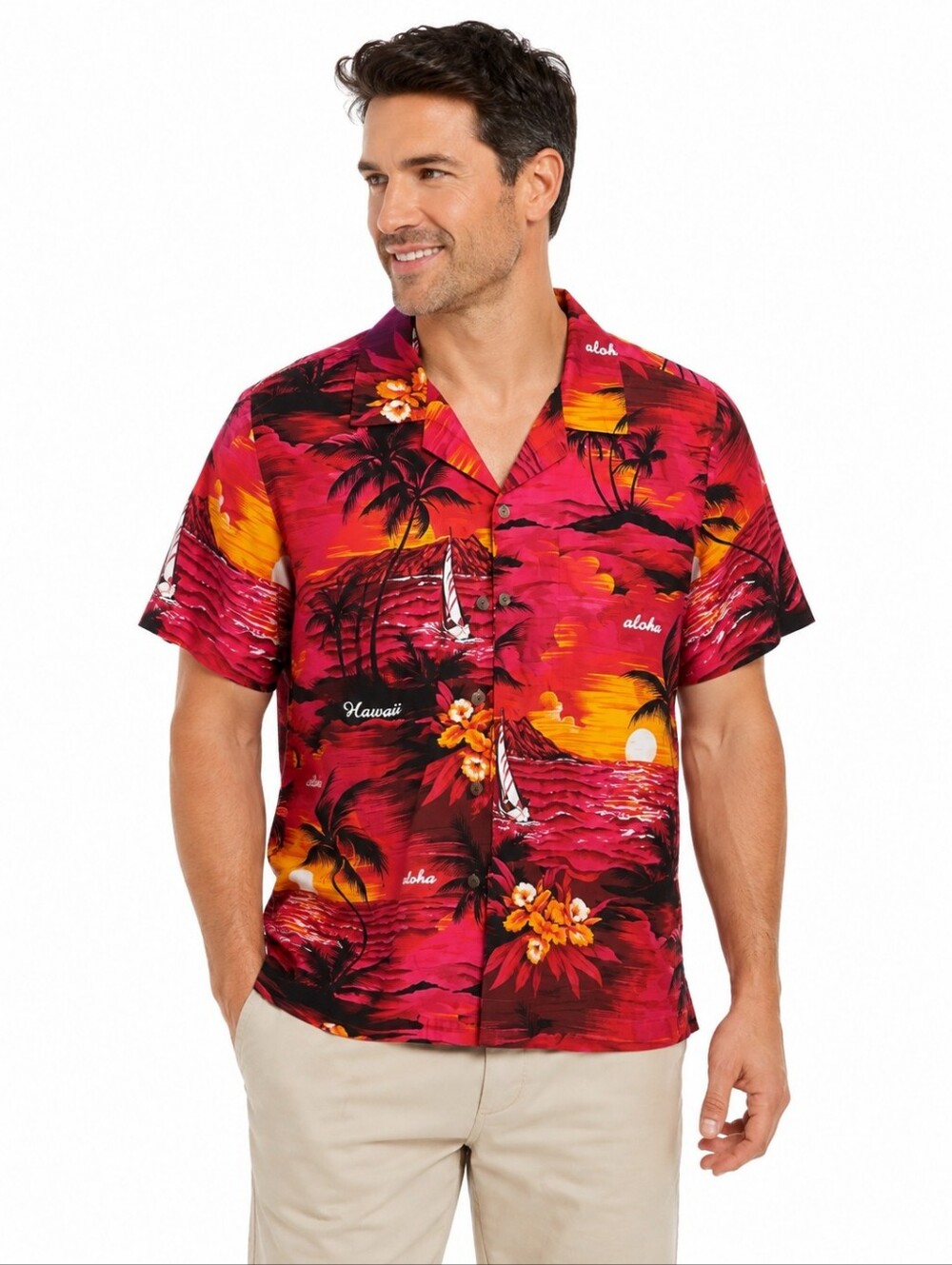 Aloha Mo'I Men's Hawaii Palmtree Red Multicolor Short Sleeve Shirt Size Small